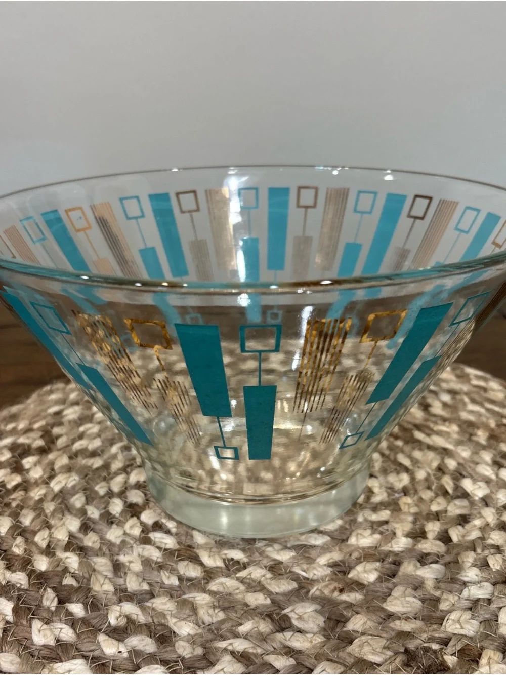 Anchor Hocking Mid-Century Modern Turquoise & Gold Glass Bowl